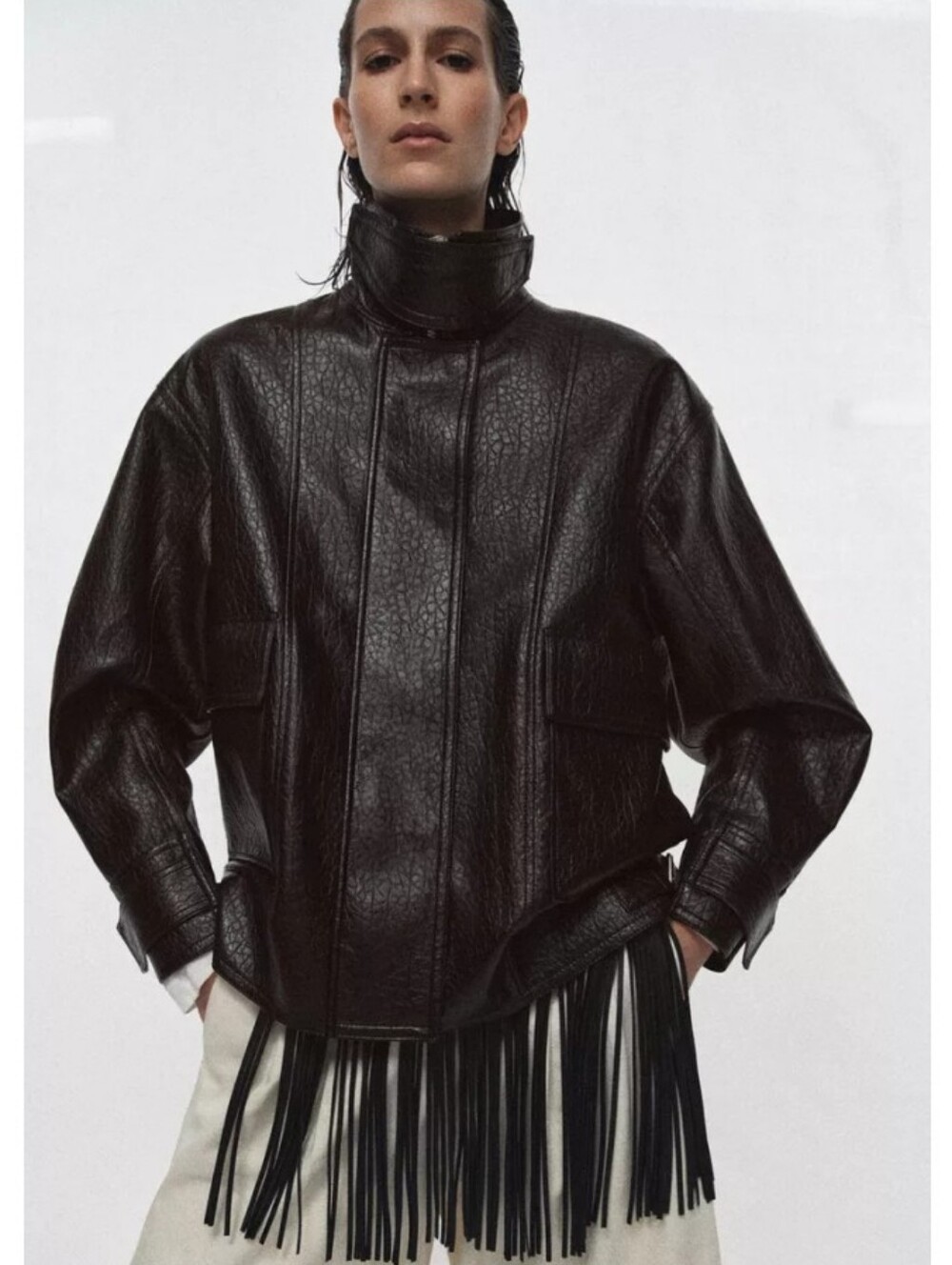 Zara Zw Collection Faux Leather Oversized Jacket with High Collar Sz-L